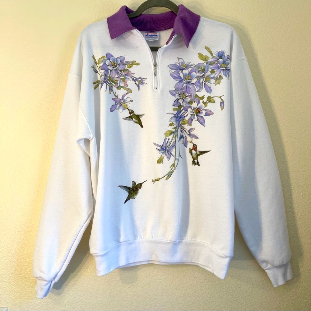 Hanes Hummingbird Floral Quarter Zip Collared Sweatshirt Vintage M